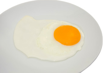 fried egg in a white plate on a white background