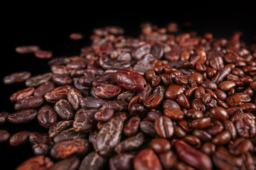 Cocoa beans  isolated on black background. Roasted beans. 