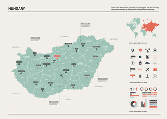 Vector map of Hungary.  High detailed country map with division, cities and capital Budapest. Political map,  world map, infographic elements.