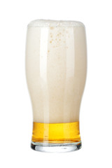 Single glass of beer close up isolated on white background