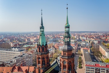 Fototapeta na wymiar Aerial drone view on Legnica and Peter and Paul catholic cathedral
