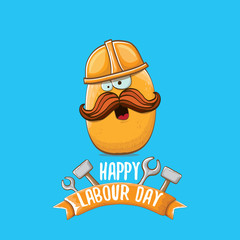 International workers day or labour day greeting card . vector funny cartoon tiny brown smiling worker potato with orange engineer helmet isolated on blue background. May day poster
