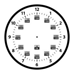 24 Hour Military Time and Standard Time Combo Clock, White, Template Isolated Vector Illustration