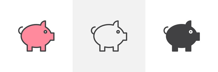Pig, Piggy bank icon. Line, glyph and filled outline colorful version, piggy moneybox outline and filled vector sign. Symbol, logo illustration. Different style icons set. Vector graphics