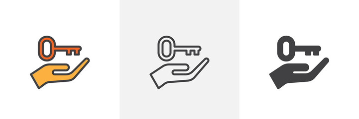 Hand holding up key icon. Line, glyph and filled outline colorful version, Rent house outline and filled vector sign. Symbol, logo illustration. Different style icons set. Vector graphics