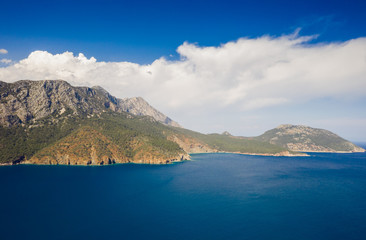 Aerial shot flight above the mountain forest in Black Sea region of Turkey. Nebiyan mountain.