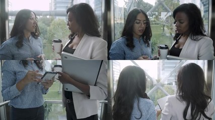 Collage of medium and close up shots of two good looking young colleagues discussing project in elevator, typing on smartphone, drinking takeaway coffee. Communication, work concept