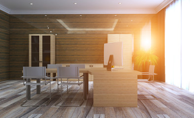 modern office with wooden walls and a large window. business background. 3D rendering. Sunset.