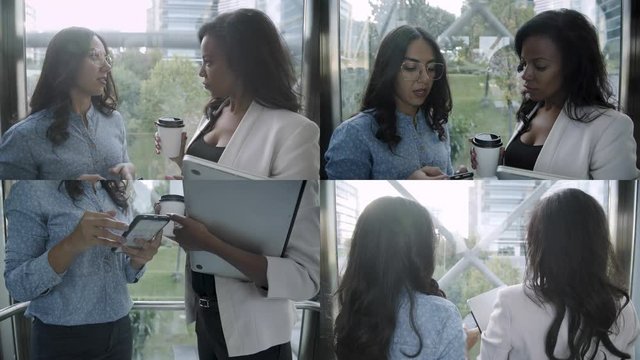 Collage of medium and close up shots of two good looking young colleagues discussing project in elevator, typing on smartphone, drinking takeaway coffee. Communication, work concept