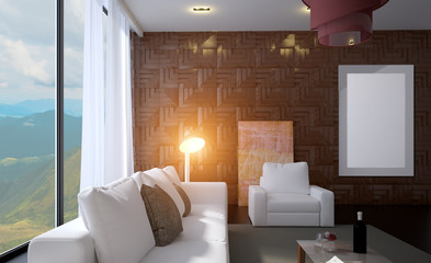 Living room with a large white sofa. The wall of wooden decorative panels.. 3D rendering. Blank paintings.  Mockup.