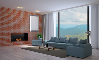 Room with large windows and a blue sofa against the background of brick walls.. 3D rendering. Blank paintings.  Mockup.