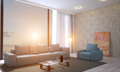 View of the large fabric sofa against the background of the panoramic window. The walls are made of decorated wooden panels.. 3D rendering. Sunset