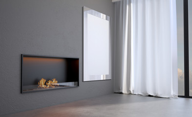 Empty interior with a fireplace on the background of wooden walls. Large panoramic window on the background of the city. 3D rendering. Blank paintings.  Mockup.