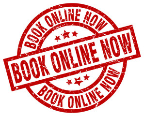 book online now round red grunge stamp
