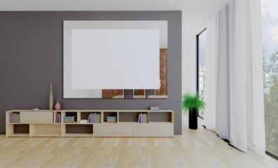 Large office with light furniture. Room with large windows. Business background.. 3D rendering. Blank paintings.  Mockup.