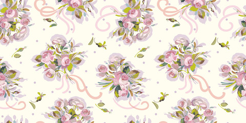 Cream pattern with rose bouquet.