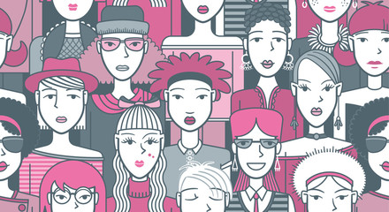 Fashion girls, seamless pattern. Pink and gray. Seamless pattern made with a set of avatars of young women. The girls are colored with pink and gray tones.