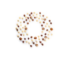 Frame made of tasty hazelnuts on white background