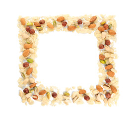 Frame made of different tasty nuts on white background