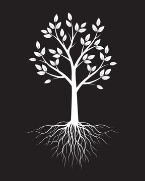 White Tree with leaves on black background. Vector Illustration.