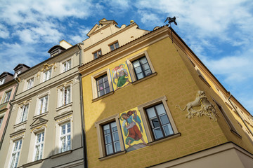Traditional and colorful building architecture in the Old Town Market Square (Rynek Starego Miasta), Warsaw, Poland.