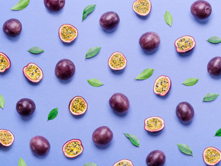Passion fruit background. Set of passion fruits. Top view.