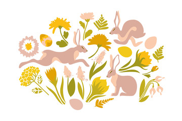 Easter set of objects for design. Print for Easter. Jumping rabbits and spring flowers, ferns. Vector illustration.