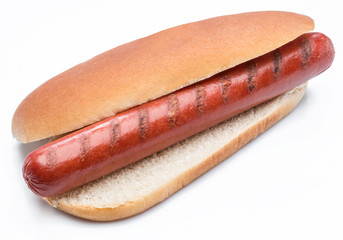 Hot dog - grilled sausage in a bun isolated on white background.