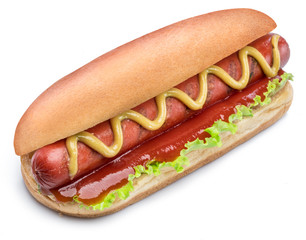 Hot dog - grilled sausage in a bun with sauces isolated on white background.