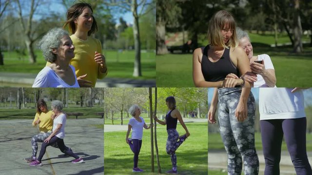 Collage of pretty young woman in black sweatshirt and smiling middle-aged woman with grey hair doing leg stretching exercises in park, jogging together, laughing. Sport concept