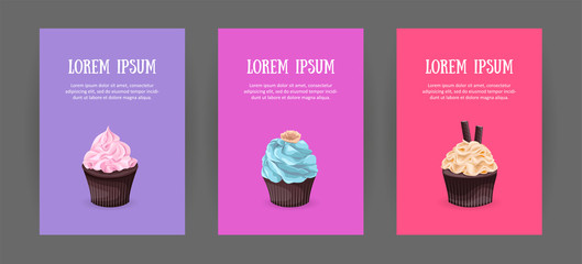 Set booklet cover template with sweet dessert on bright background. Chocolate cakes with cream. Menu for restaurant and coffee house. Cartoon vector illustration.