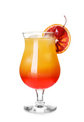 Glass of Tequila Sunrise cocktail on white background