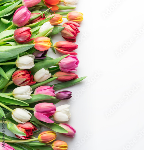 Colorful bouquet of tulips on white background.