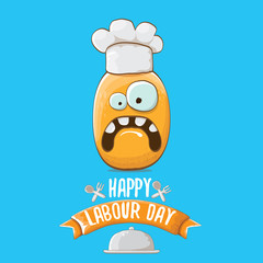 International workers day or labour day greeting card . vector funny cartoon tiny brown smiling chef potato with chef hat isolated on blue background. May day poster