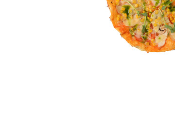 pizza with bacon, mushrooms and corn. Italian pizza isolated on white background. with copy space. top view