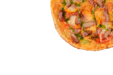 pizza with sausages, sweet pepper and pesto sauce. Italian pizza isolated on white background. with copy space. top view