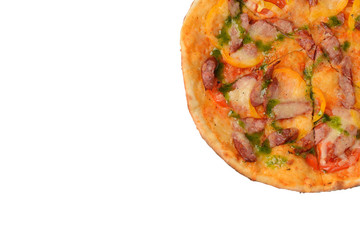pizza with sausages, sweet pepper and pesto sauce. Italian pizza isolated on white background. with copy space. top view
