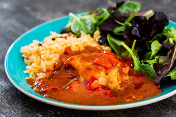 Basque Braised Chicken With Peppers and rice