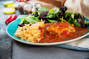 Basque Braised Chicken With Peppers and rice