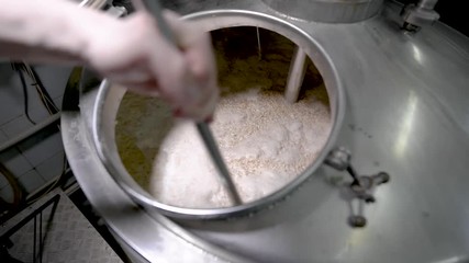 brewer is stirring malt inside vat during brewing in modern plant, detail view, using paddle