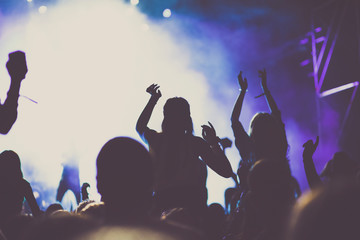 cheering crowd with raised hands at concert - music festival