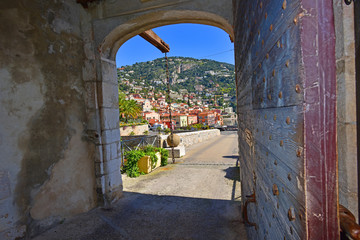 View out the Gate and drawbridge to the Citadelle Saint Elme in Villefranche-Sur-Mer on the Cote d'Azur in Southern Francee