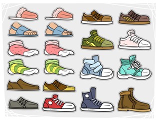 Cartoon different colorful shoes and socks. Slippers and sandals. Boots and sneakers. Isolated on gray background. Vector stickers icon set.