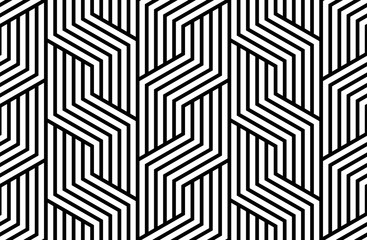 Abstraktes geometrisches Muster mit Streifen, Linien. Nahtloser Vektorhintergrund. Weiße und schwarze Verzierung. Einfaches Gittergrafikdesign