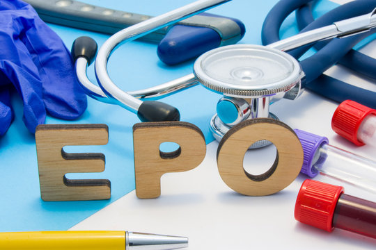 EPO Medical lab acronym, meaning erythropoietin in blood. Letters that make word of EPO, located near test tubes with blood, stethoscope and other diagnostic tools and devices, latex gloves