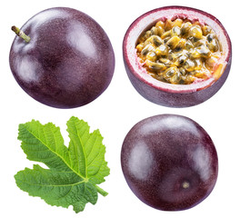 Set of passion fruit, its cross cut section and leaf. Clipping path.