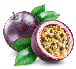 Passion fruit and its cross section with pulpy juice filled with seeds. Clipping path. - obrazy, fototapety, plakaty