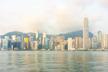 Fototapeta na wymiar Panorama Landmark skyscraper buildings at Victoria harbor in Hong Kong City