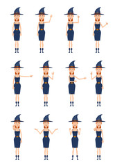 Set of witch characters showing different hand gestures. Cheerful witch showing thumb up, waving, greeting, stop sign, pointing up, victory sign and other hand gestures. Flat vector illustration