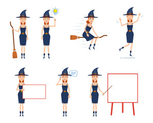 Set of Halloween witch characters posing in different situations. Cheerful witch talking on the phone, pointing up, flying on broom, holding banner. Flat style vector illustration
